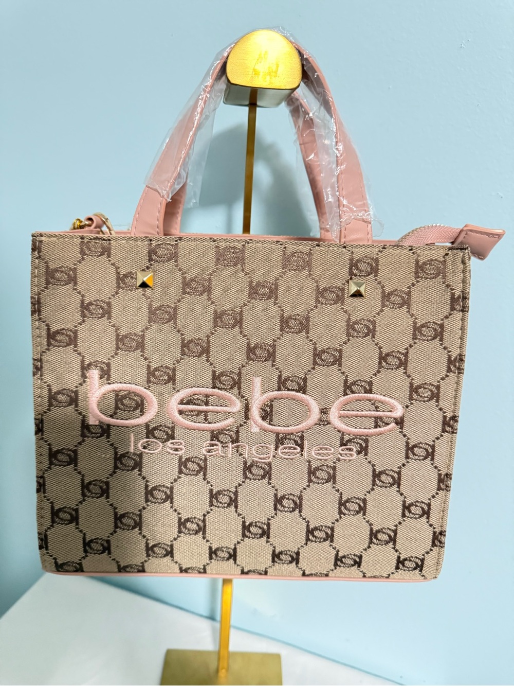bebe Talulla Small Satchel Beige & Pink Logo Jacquard material! NWT & FREE Charm